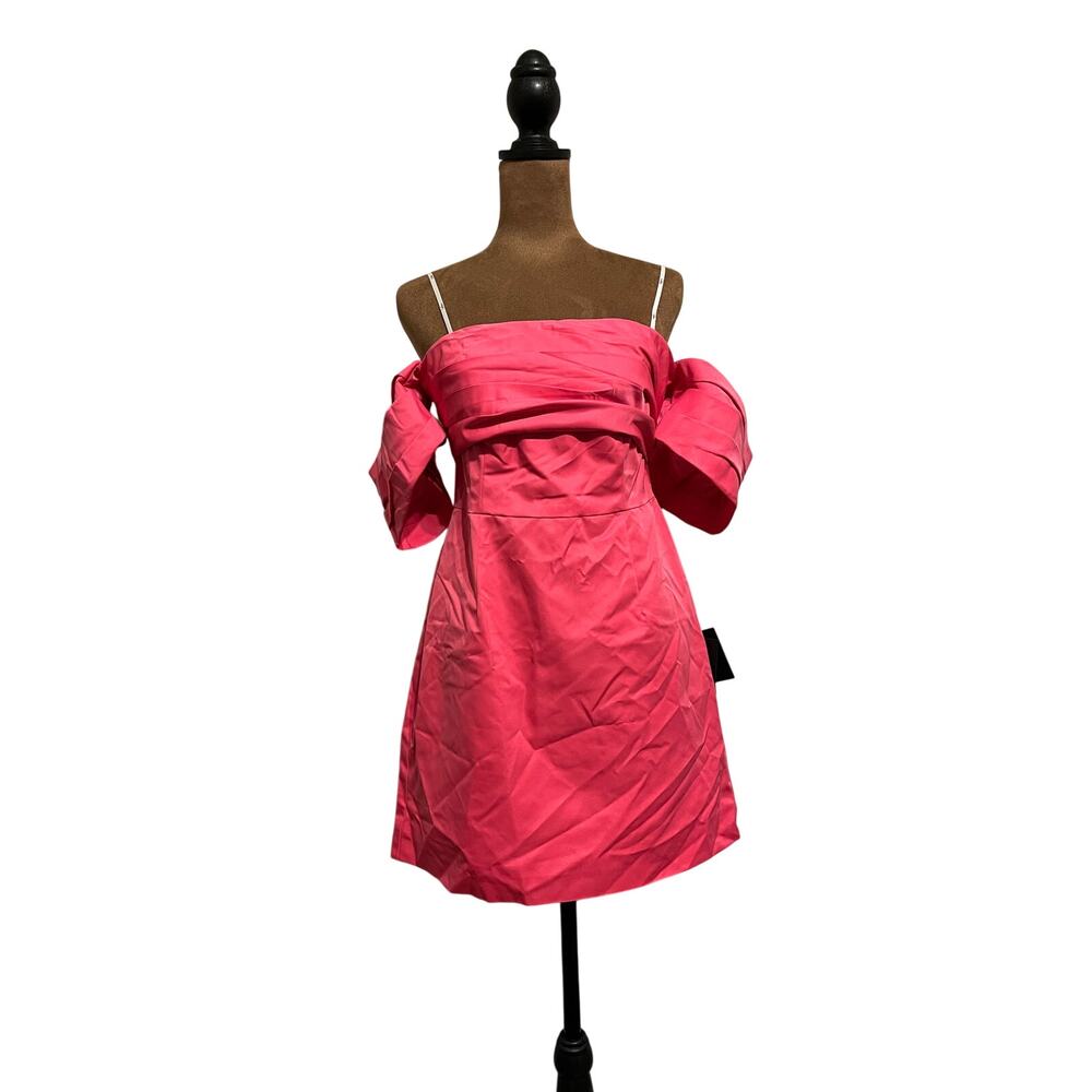 Lulus Totally Haute Hot Pink Satin Pleated Off-the-Shoulder Mini Dress Size S - Picture 4 of 9